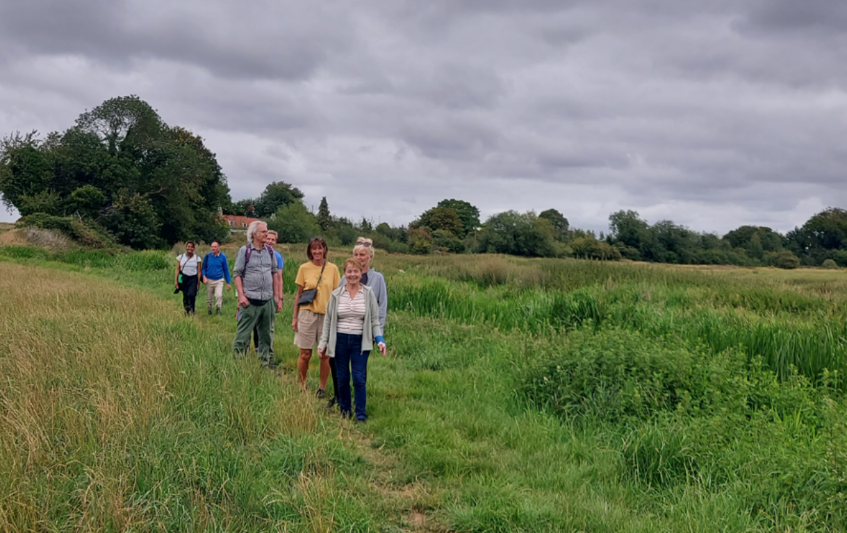 A group of people walk along a narrow path through long water meadow grass with a dramatic grey sky above them